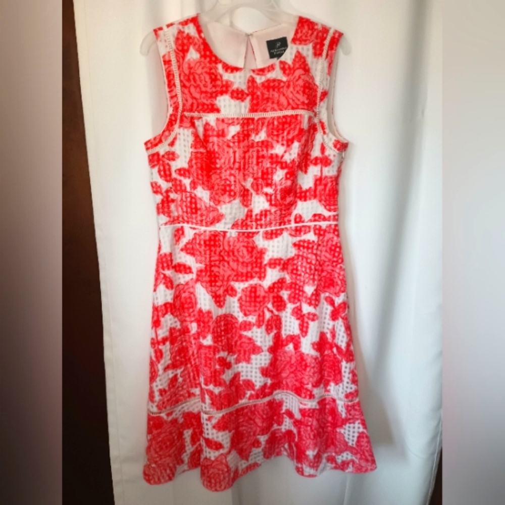 Adrianna Papell Fit Flare Floral Dress S 14 Red White Gingham Bloomcore Spring